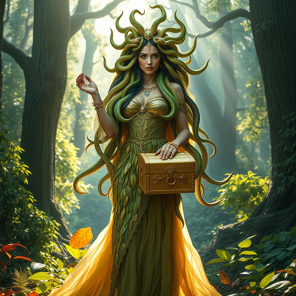 A captivating female Medusa standing in a mystical forest, gracefully holding a beautiful golden chest in her hand