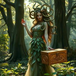 A captivating female Medusa standing in a mystical forest, gracefully holding a beautiful golden chest in her hand