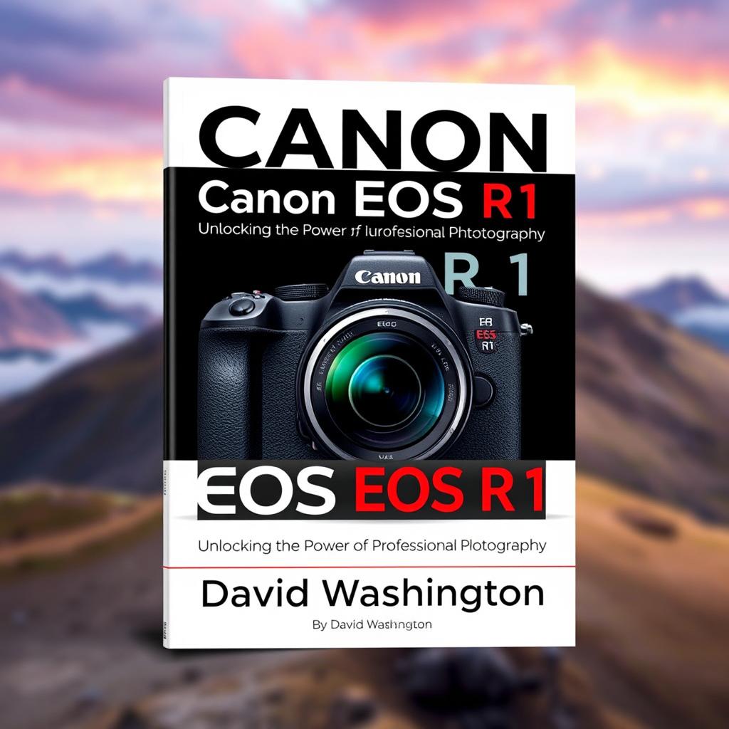 A striking book cover design for 'Canon EOS R1 User Guide: Unlocking the Power of Professional Photography' by David Washington