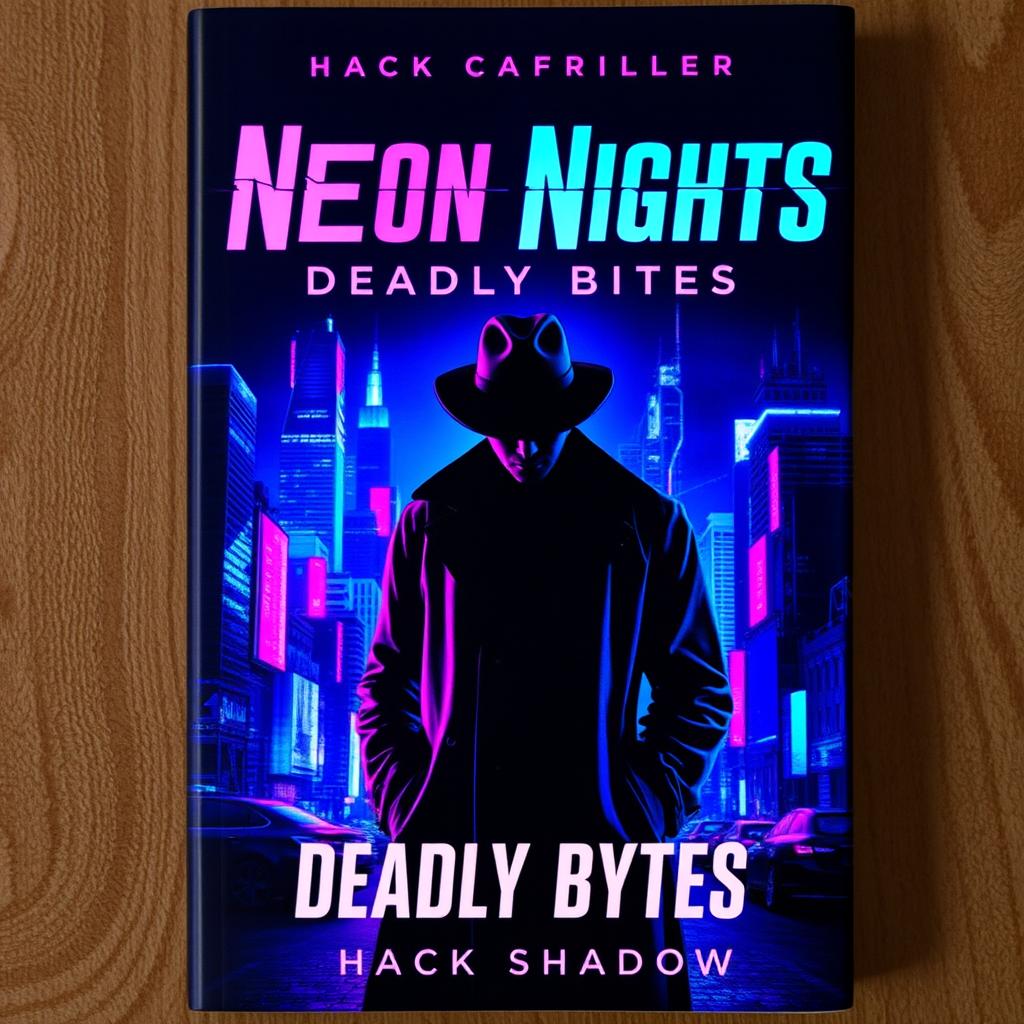 A vivid and striking book cover design for 'Neon Nights, Deadly Bytes' by Hack Shadow