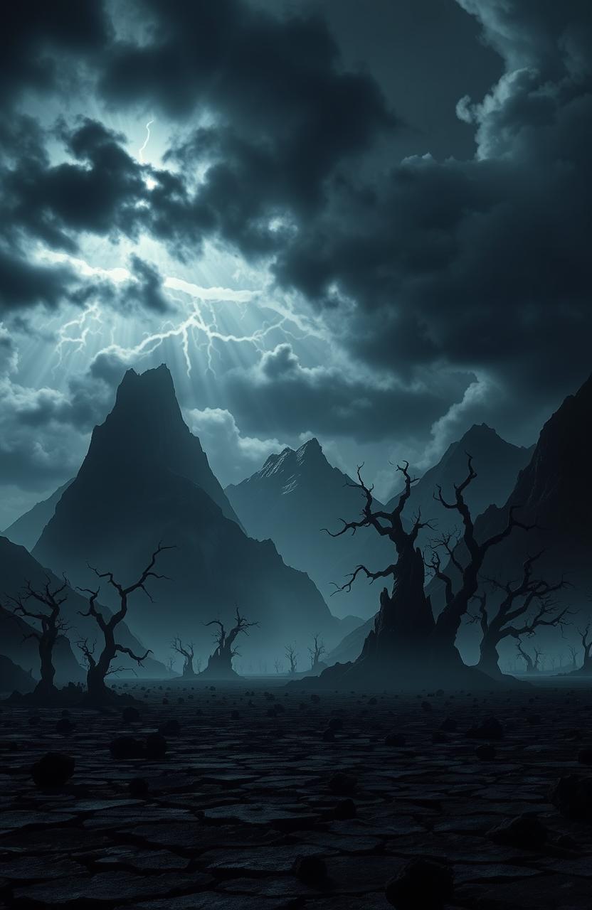 A surreal depiction of a world where all colors have been blackened, showcasing a landscape featuring dark, twisted trees and shadowy mountains under a menacing sky