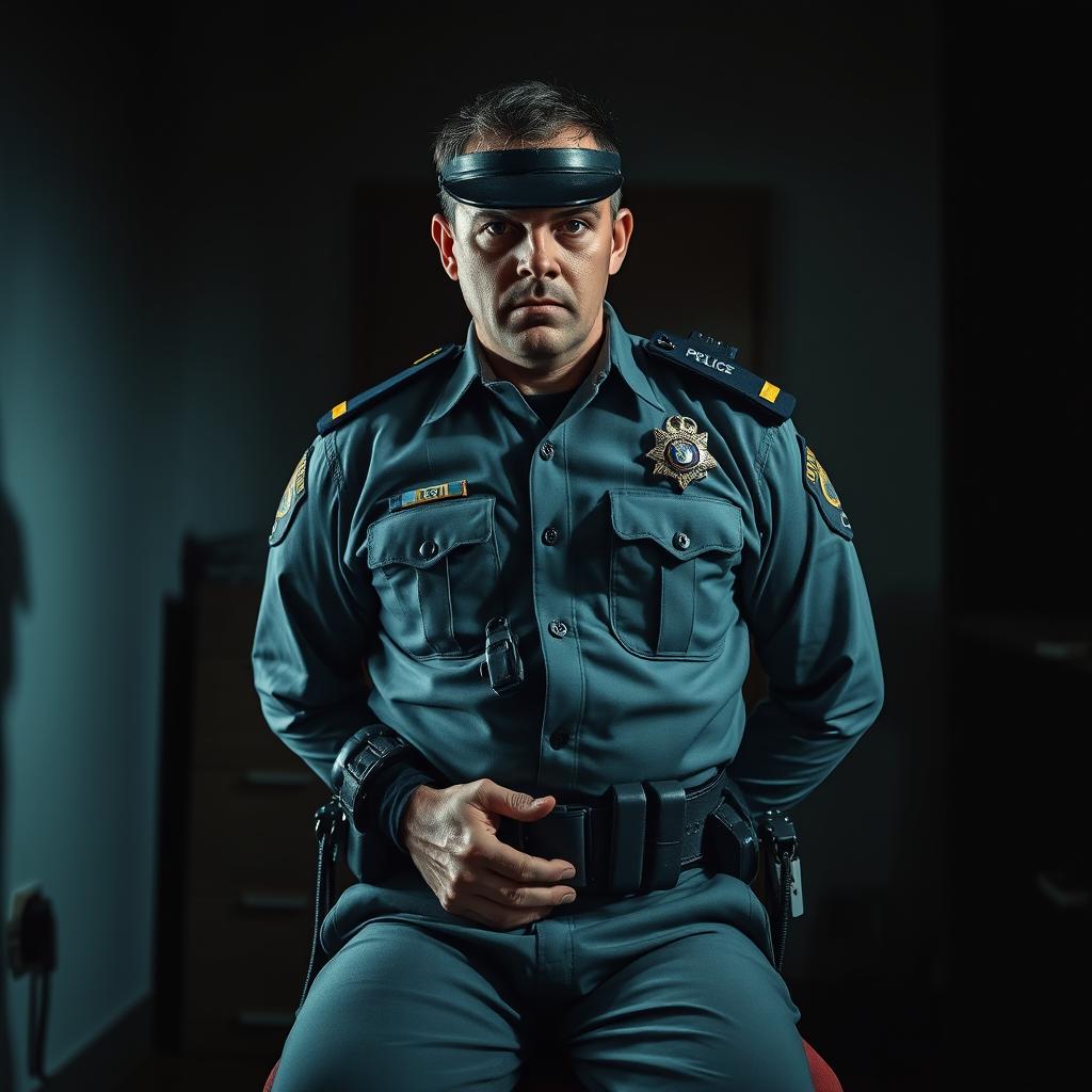 A scene capturing a geared-up uniformed policeman, wearing a detailed police uniform complete with badges and accessories, bound to a sturdy chair with his hands securely restrained behind his back
