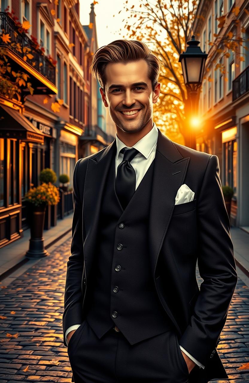 An elegant scene depicting a sophisticated Englishman in a luxurious, classic setting