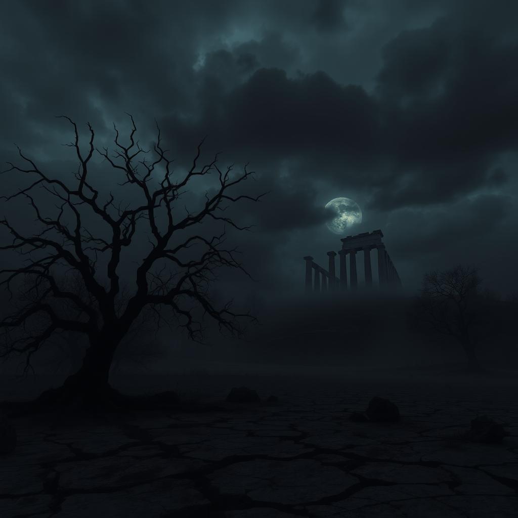 A dramatic and haunting scene of a world engulfed in darkness, where all colors have turned black