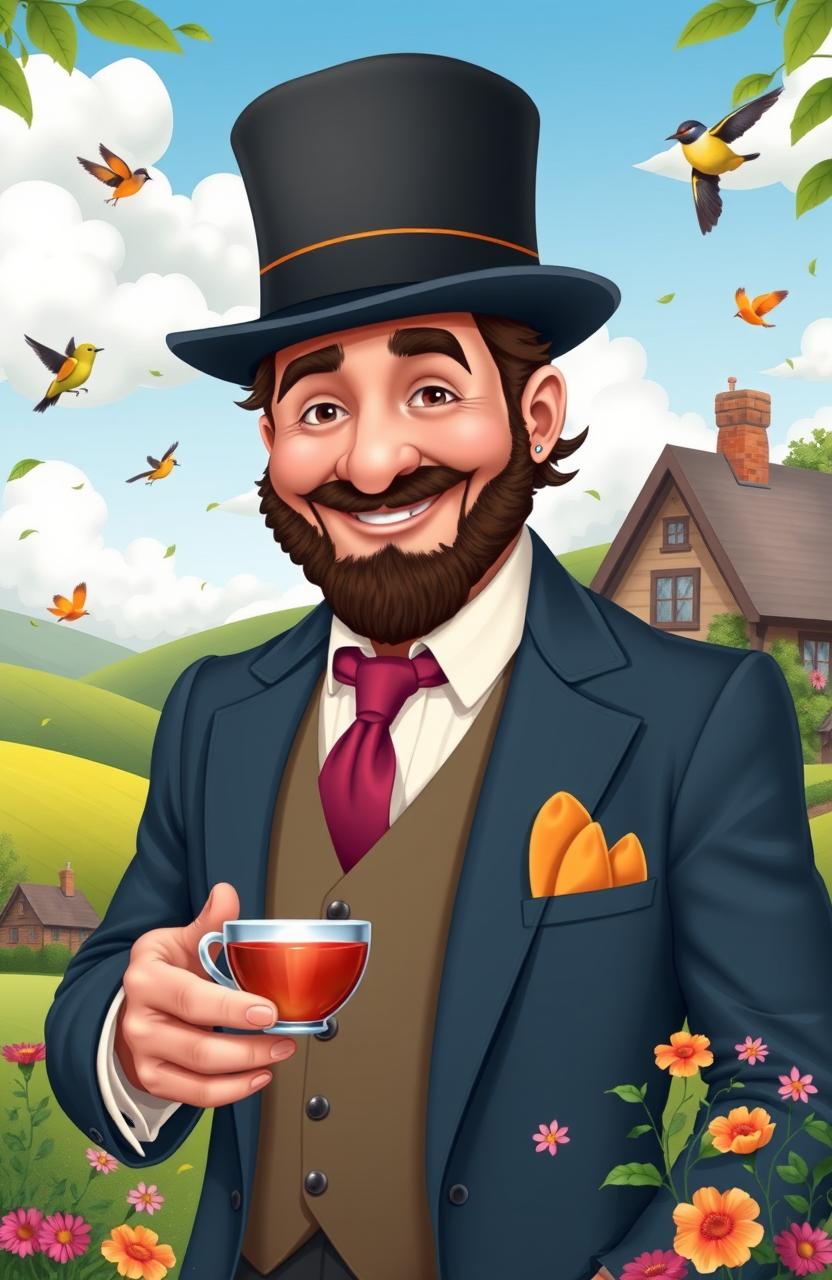 A whimsical and colorful representation of an Englishman in a traditional setting