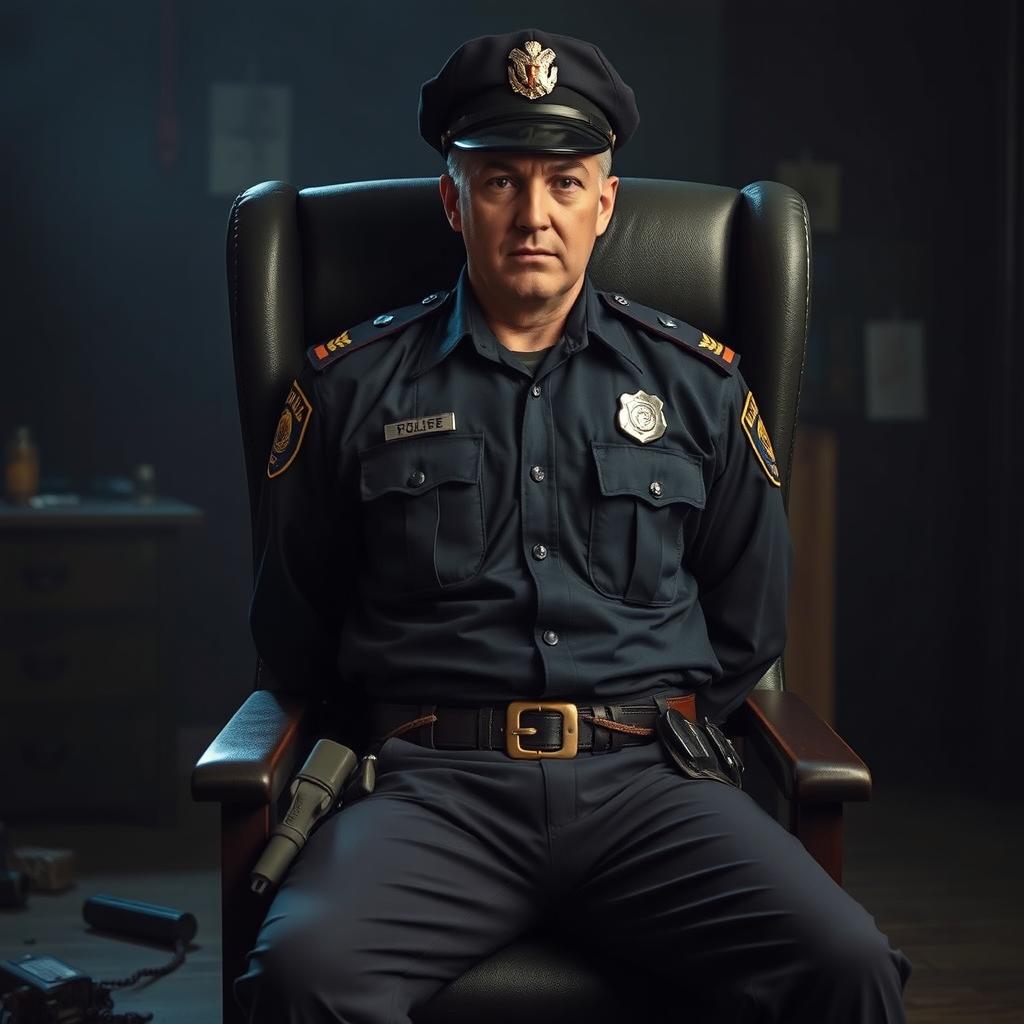 A scene featuring a geared-up uniformed policeman, clad in a detailed and realistic police uniform with official insignia, sitting tied to a sturdy chair with his hands securely restrained behind his back