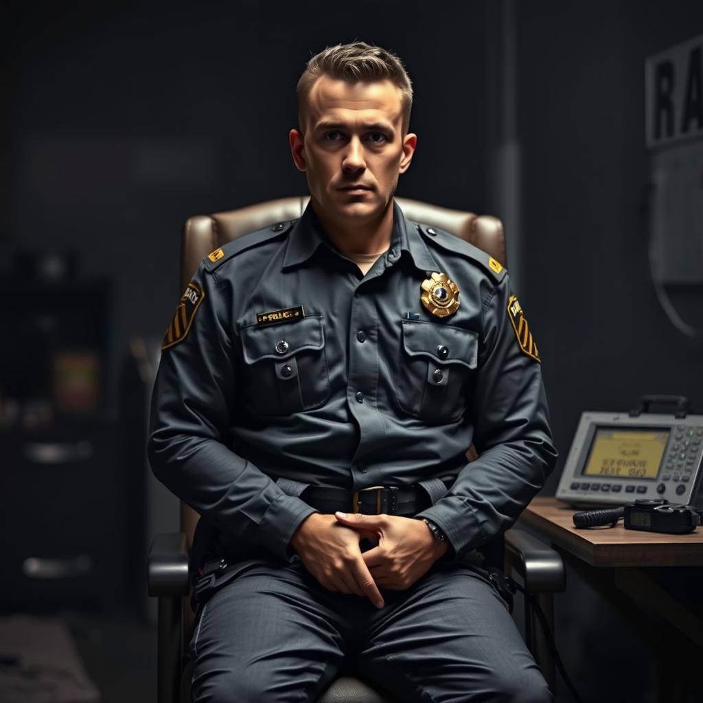 A scene depicting a fully geared-up uniformed policeman in his 30s, dressed in a complete police uniform featuring badges, a utility belt, and tactical gear, sitting tied to a sturdy chair with his hands firmly restrained behind his back