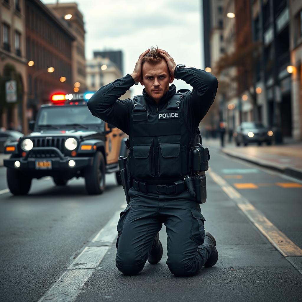 A fully geared policeman in his 30s, wearing a black tactical uniform with a reflective vest, kneeling down on a city street with his hands behind his head, surrendering to an arrest
