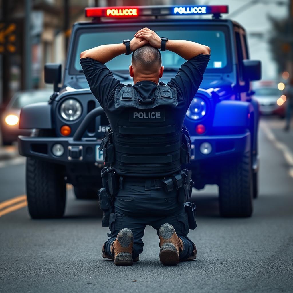 A fully geared policeman kneeling down on a street with his hands behind his head, surrendering to an arrest