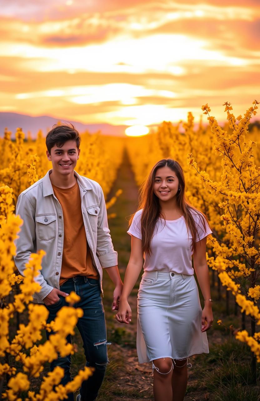 A picturesque scene of two teenagers holding hands in a vibrant setting filled with numerous yellow trees