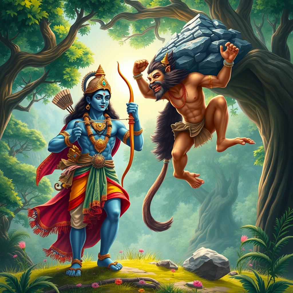 An epic depiction of the Ramayana, showcasing Lord Rama, his faithful companion Hanuman, and Sita in a vibrant forest setting