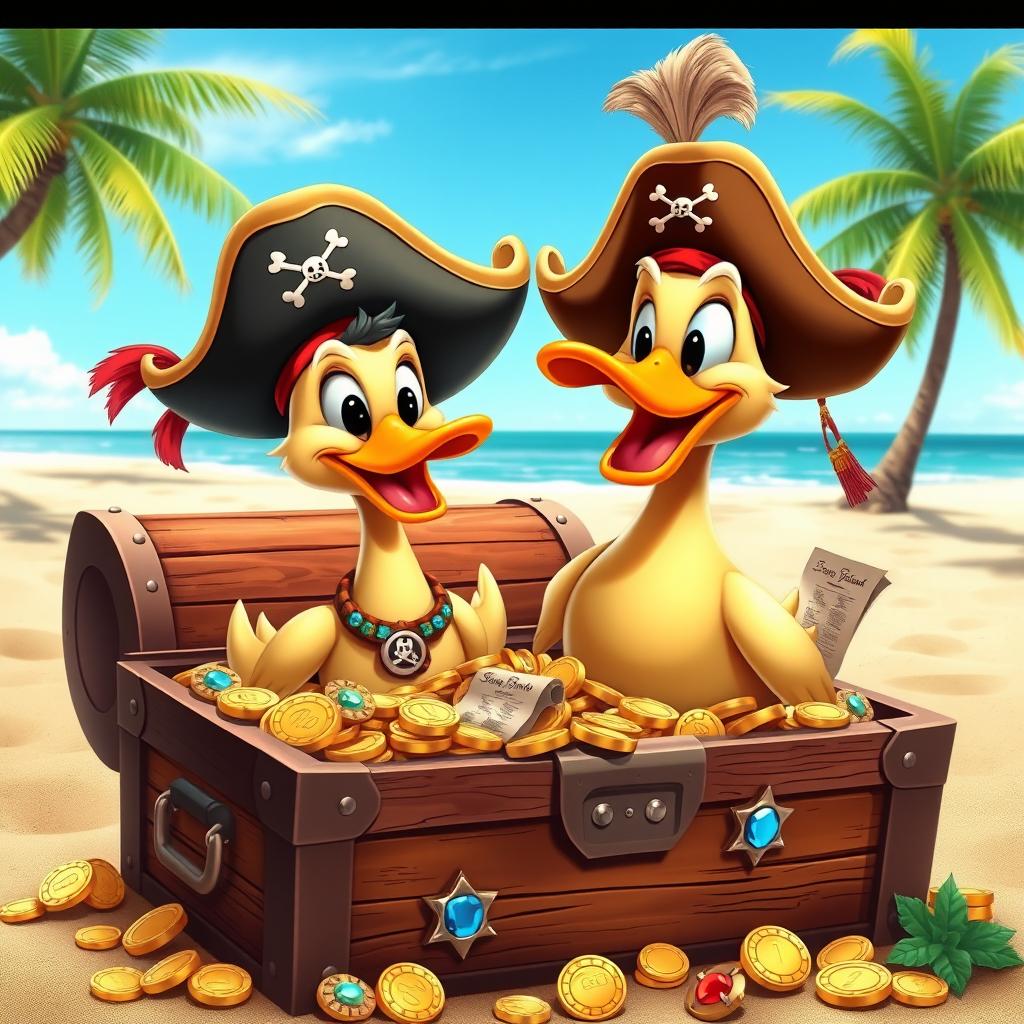 Two Indian running ducks wearing colorful pirate hats, standing inside an open treasure chest overflowing with gold coins, jewels, and treasure maps