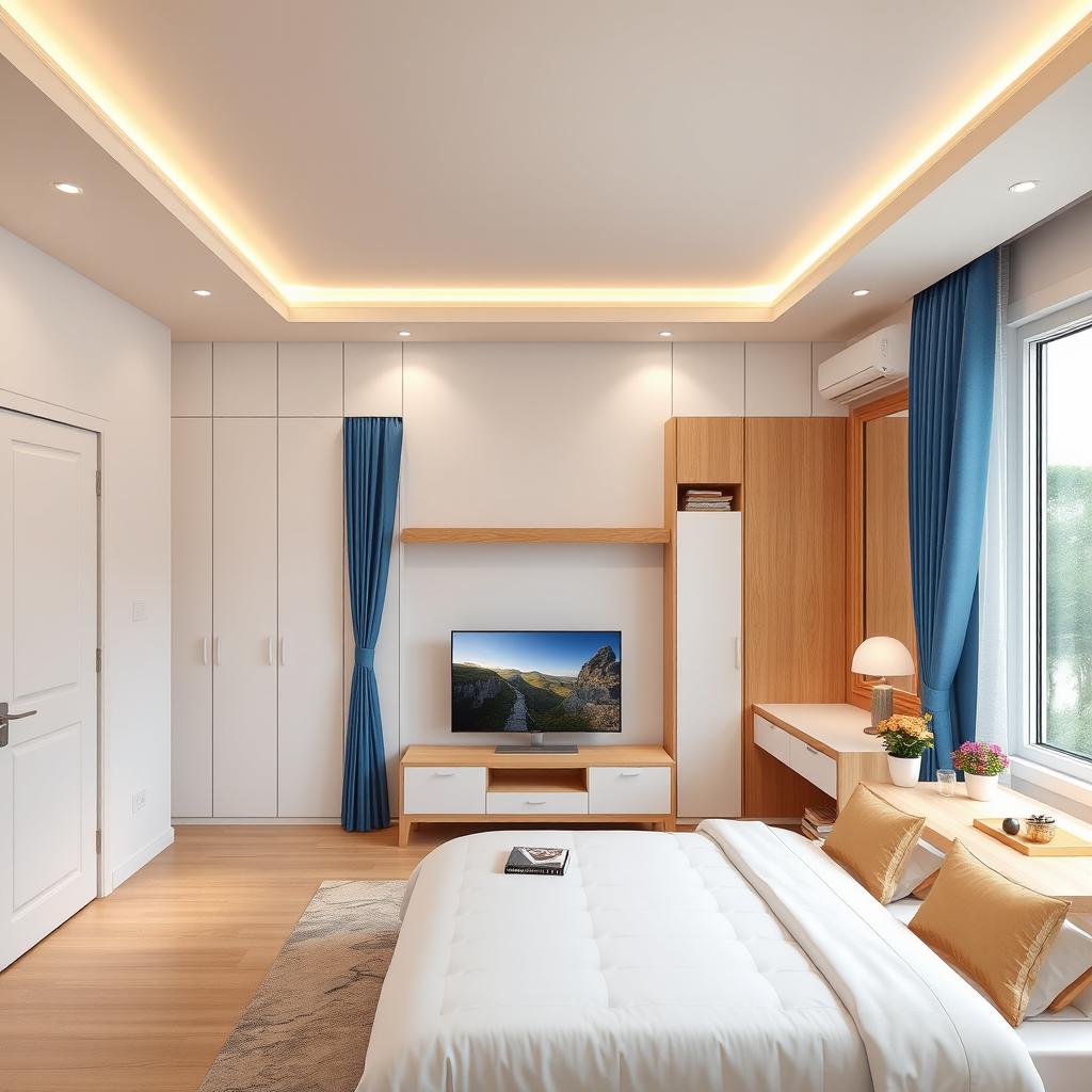 A beautifully designed bedroom interior with dimensions: East: 5m, West: 5m, South: 3