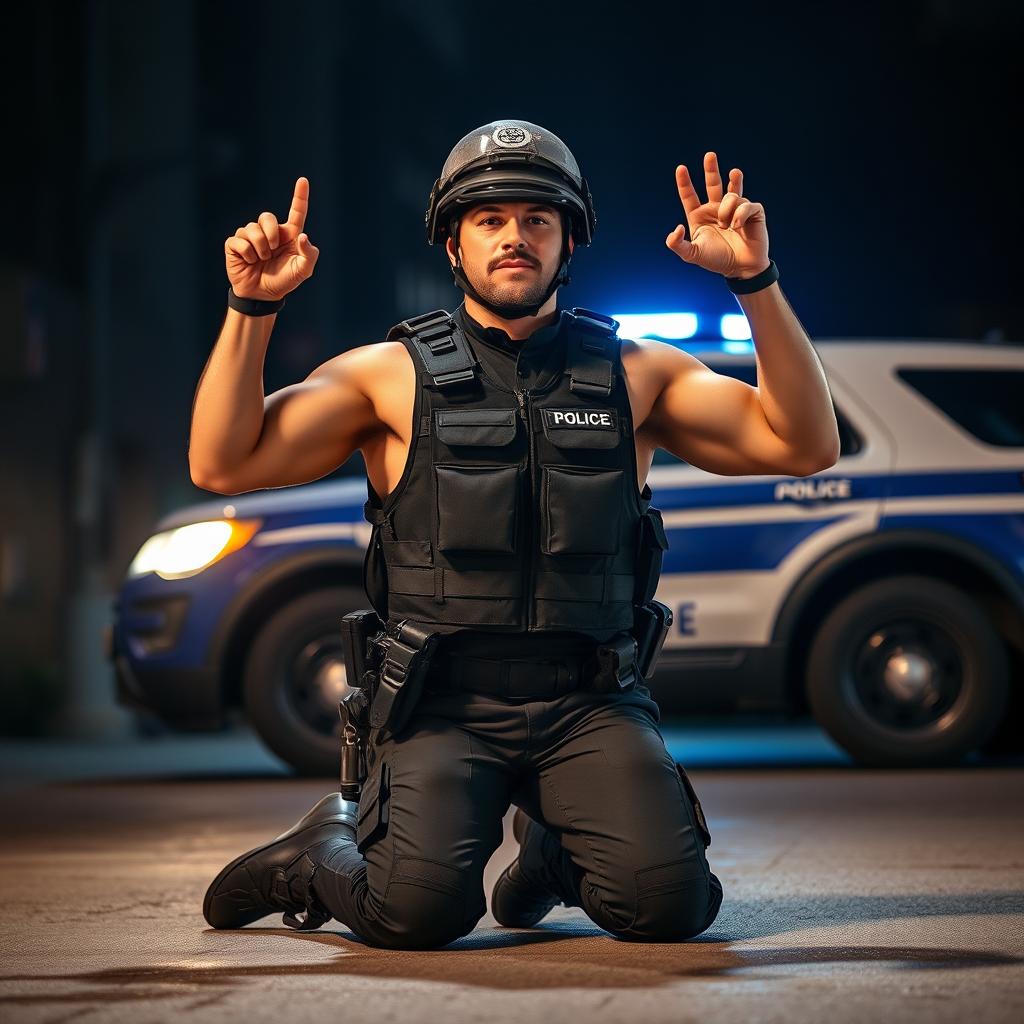 A fully geared policeman kneeling down with his hands raised in the air, ready to be cuffed