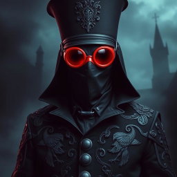 A plague doctor with raven-themed attire featuring dark, intricate designs and patterns representing ravens