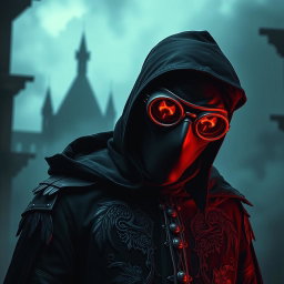 A plague doctor with raven-themed attire featuring dark, intricate designs and patterns representing ravens