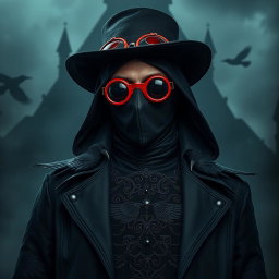 A plague doctor with raven-themed attire featuring dark, intricate designs and patterns representing ravens
