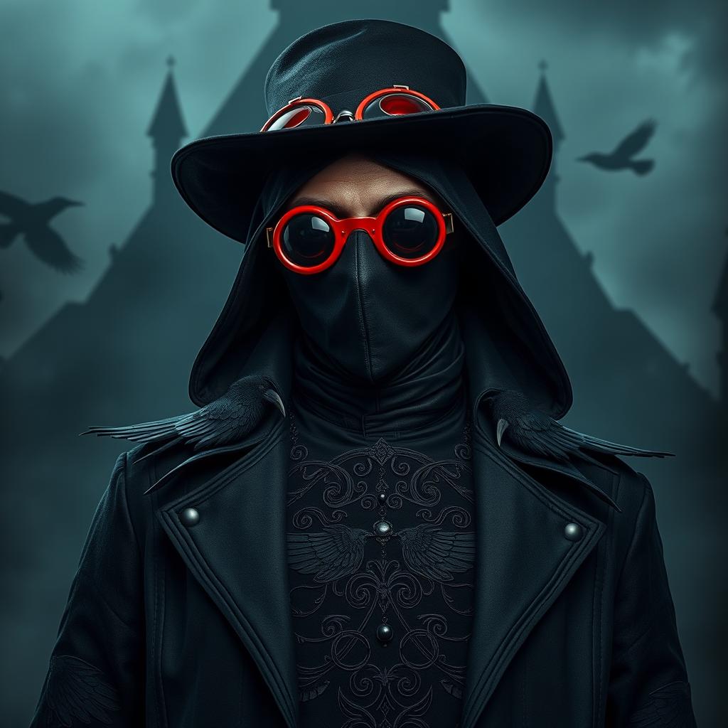 A plague doctor with raven-themed attire featuring dark, intricate designs and patterns representing ravens