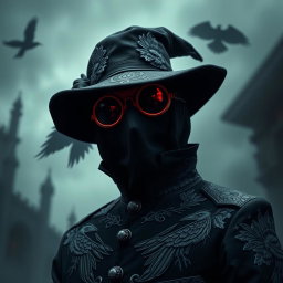 A plague doctor with raven-themed attire featuring dark, intricate designs and patterns representing ravens