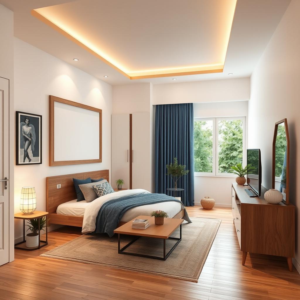 Interior design of a bedroom with specific dimensions: east wall 5 meters, west wall 5 meters, south wall 3