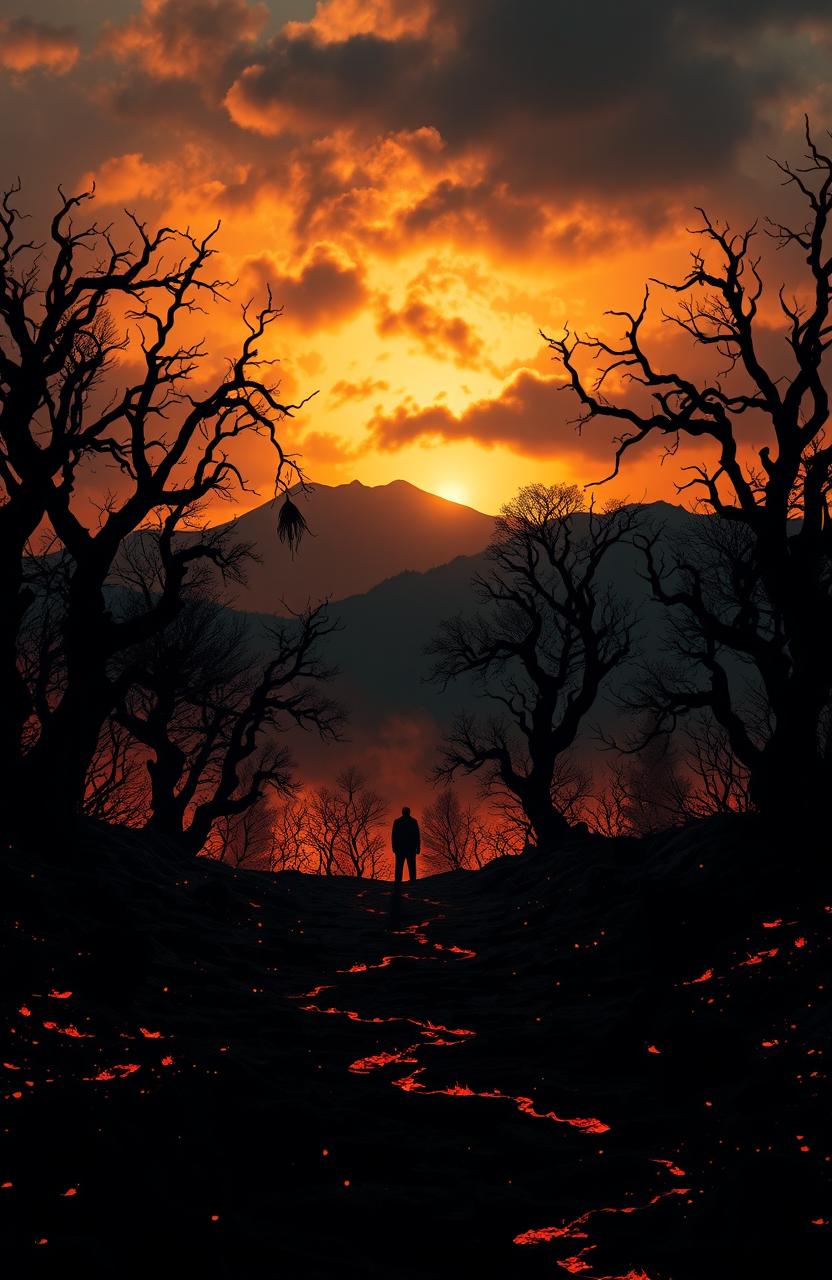 A dramatic and intense scene featuring a powerful blackened landscape, with dark, twisted trees silhouetted against a fiery orange sky