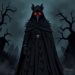 A full-body design of a plague doctor characterized by a raven mask that intricately incorporates feather details, enhancing the raven theme