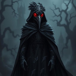 A full-body design of a plague doctor characterized by a raven mask that intricately incorporates feather details, enhancing the raven theme