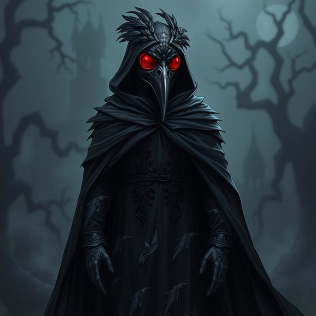 A full-body design of a plague doctor characterized by a raven mask that intricately incorporates feather details, enhancing the raven theme