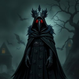 A full-body design of a plague doctor characterized by a raven mask that intricately incorporates feather details, enhancing the raven theme