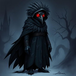 A full-body design of a plague doctor characterized by a raven mask that intricately incorporates feather details, enhancing the raven theme