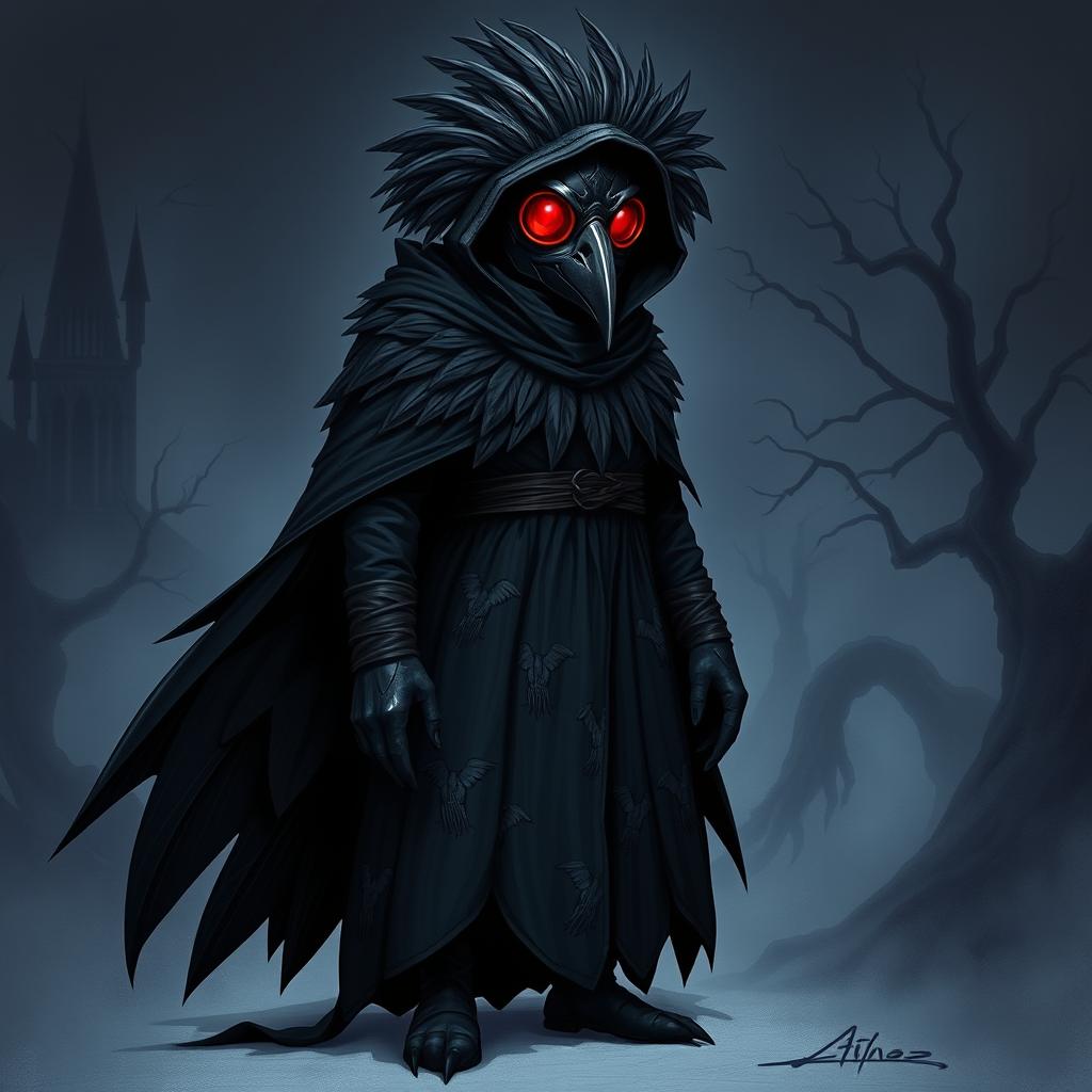 A full-body design of a plague doctor characterized by a raven mask that intricately incorporates feather details, enhancing the raven theme