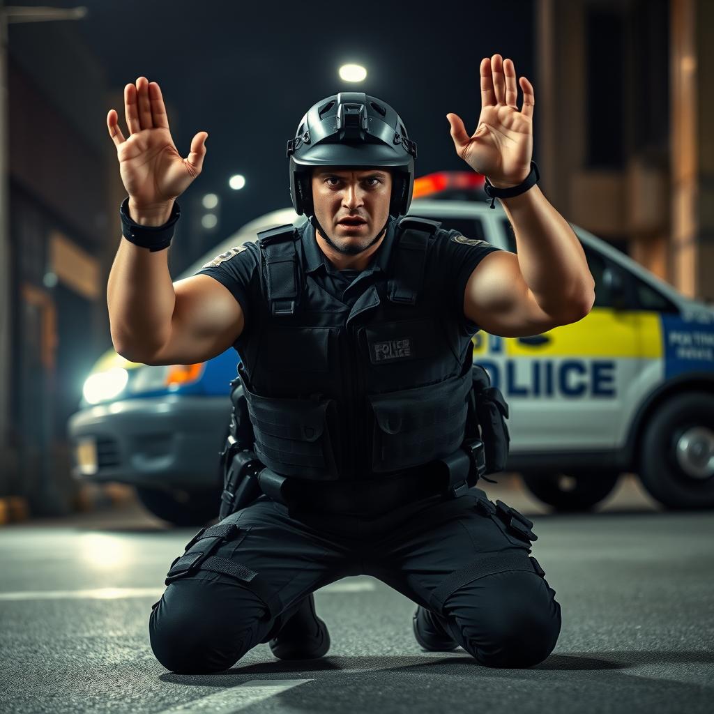 A fully geared angry policeman kneeling down with his hands raised in the air, ready to be cuffed