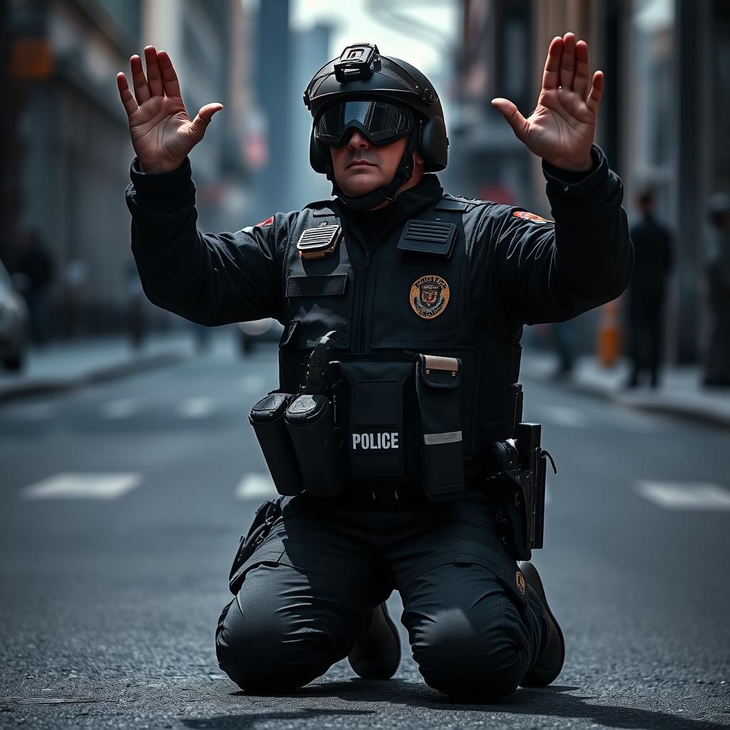 A fully geared policeman kneeling down on the ground, with both hands raised in the air, indicating submission