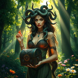 A captivating female Medusa standing in an enchanted forest, surrounded by lush trees and shimmering magical light