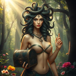A captivating female Medusa standing in an enchanted forest, surrounded by lush trees and shimmering magical light