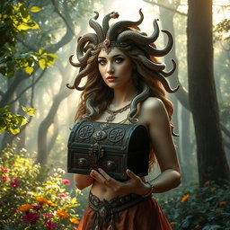 A captivating female Medusa standing in an enchanted forest, surrounded by lush trees and shimmering magical light