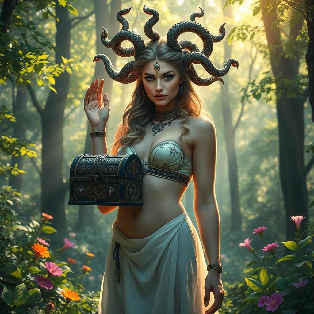 A captivating female Medusa standing in an enchanted forest, surrounded by lush trees and shimmering magical light