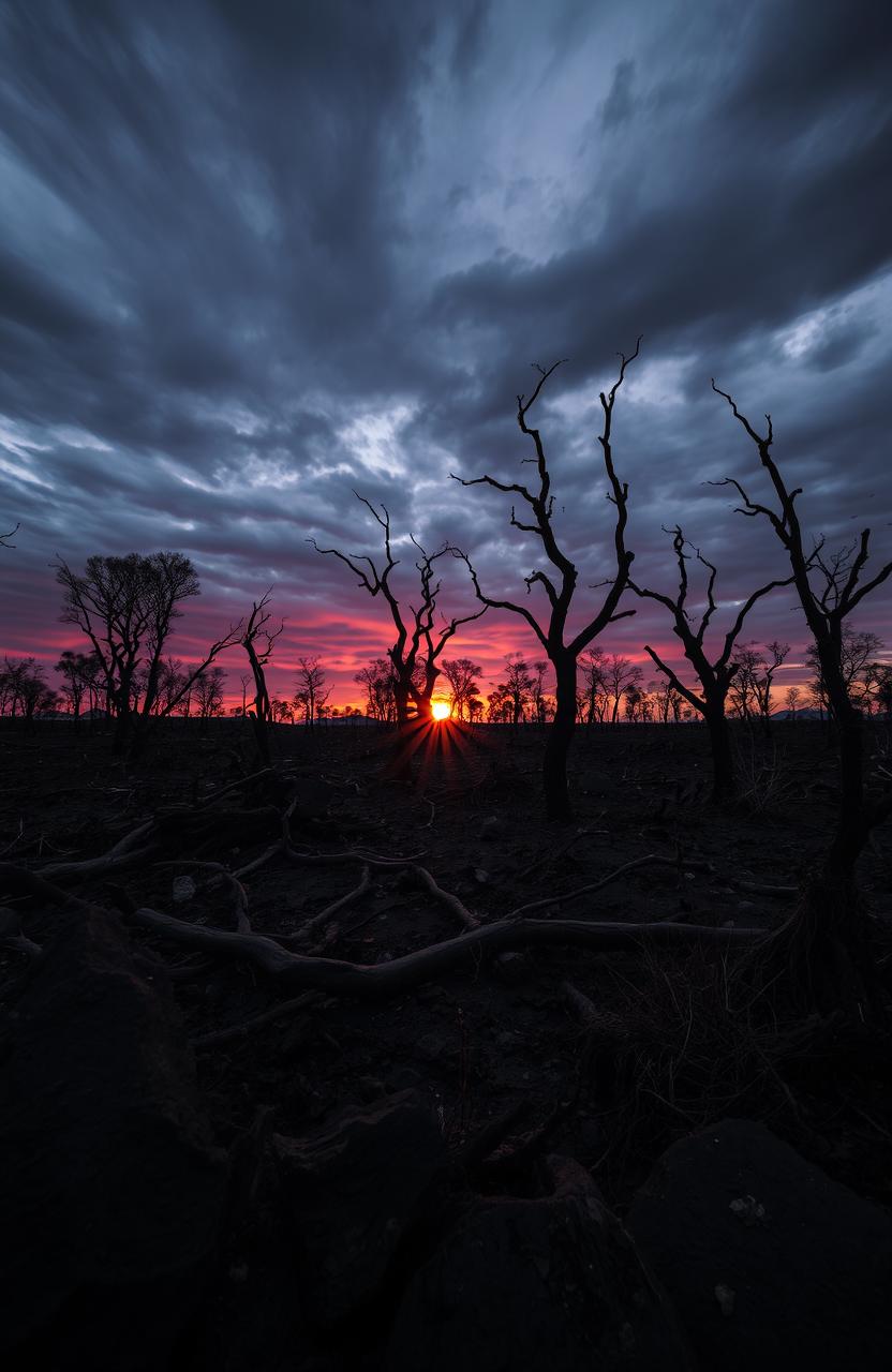A striking image featuring a charred, blackened landscape, showing the remnants of scorched earth and twisted trees