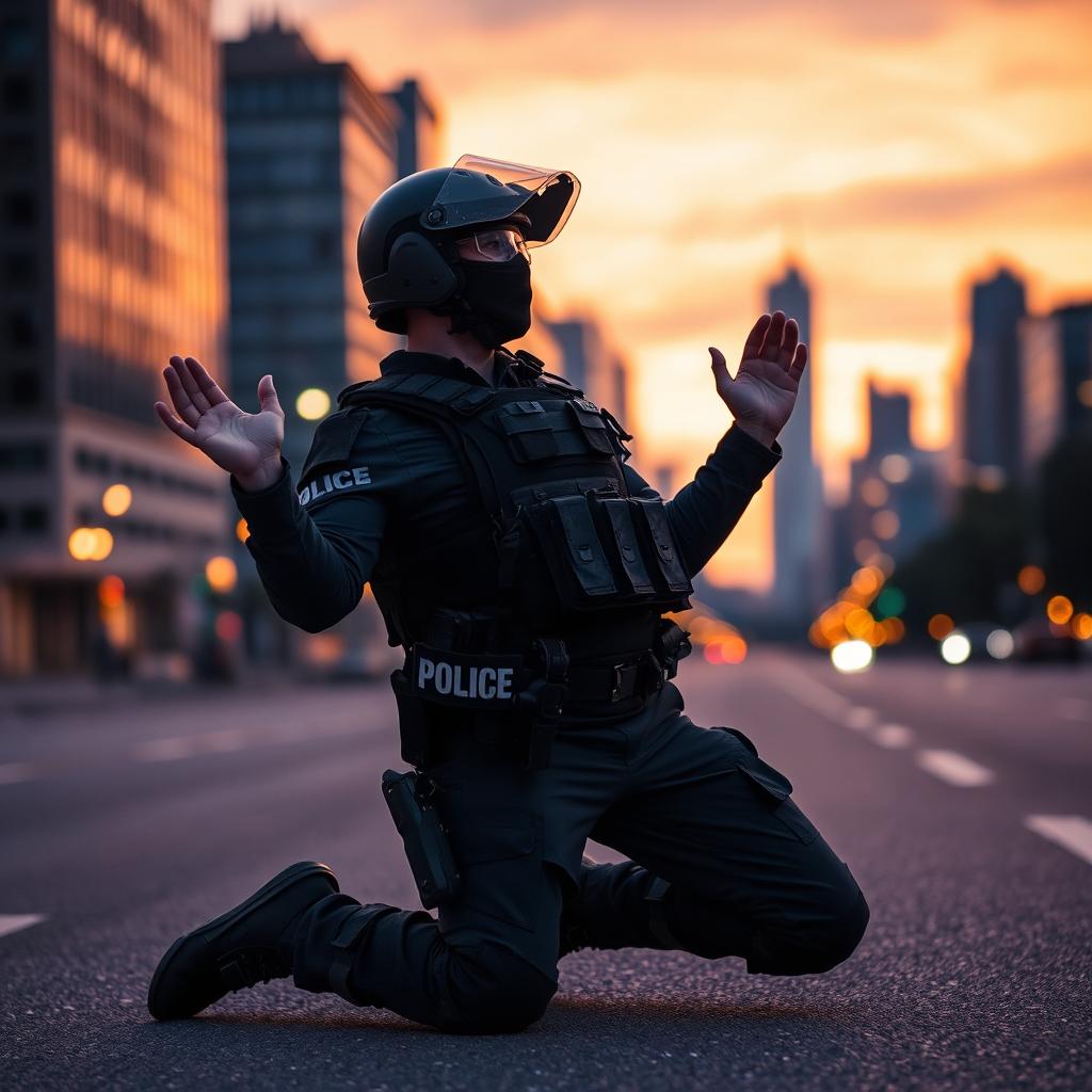 A fully geared policeman kneeling down on a city street, hands raised in surrender, wearing a tactical uniform complete with a helmet, body armor, and a utility belt filled with police tools