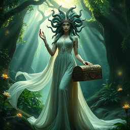 A stunning female Medusa wearing an elegant flowing dress made of ethereal fabric, intricately designed with patterns that shimmer in the light