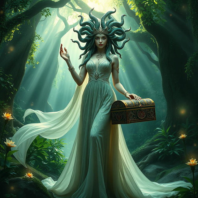 A stunning female Medusa wearing an elegant flowing dress made of ethereal fabric, intricately designed with patterns that shimmer in the light