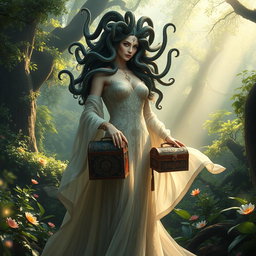 A stunning female Medusa wearing an elegant flowing dress made of ethereal fabric, intricately designed with patterns that shimmer in the light