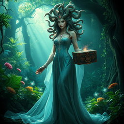A stunning female Medusa wearing an elegant flowing dress made of ethereal fabric, intricately designed with patterns that shimmer in the light