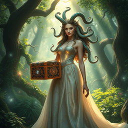 A stunning female Medusa wearing an elegant flowing dress made of ethereal fabric, intricately designed with patterns that shimmer in the light
