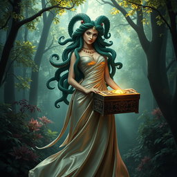 A stunning female Medusa wearing an elegant dress that flows gracefully around her, crafted from shimmering silk that reflects the enchanting light of the forest