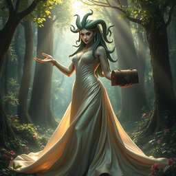 A stunning female Medusa wearing an elegant dress that flows gracefully around her, crafted from shimmering silk that reflects the enchanting light of the forest