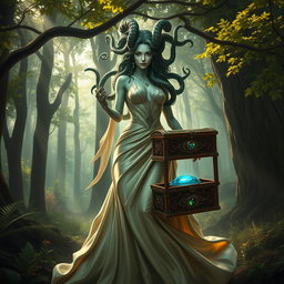A stunning female Medusa wearing an elegant dress that flows gracefully around her, crafted from shimmering silk that reflects the enchanting light of the forest