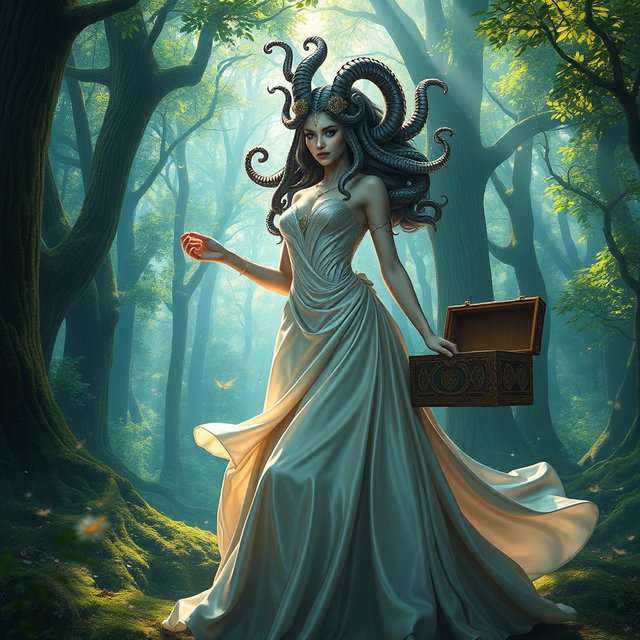 A stunning female Medusa wearing an elegant dress that flows gracefully around her, crafted from shimmering silk that reflects the enchanting light of the forest