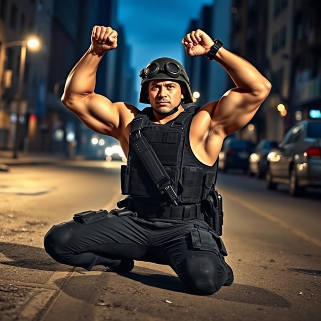 A fully geared policeman kneeling down on a gritty urban street, with a look of defiance on his face