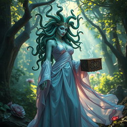 A mesmerizing female Medusa wearing a beautiful, flowing dress that elegantly drapes around her, crafted from iridescent fabric that reflects the colors of the enchanting forest